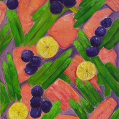 Lachs mit Beilage | Tempera auf Leinwand | 70 x 50 cm | Katalog-Nr.: 91 Lachs mit Beilage | Tempera auf Leinwand | 70 x 50 cm | Katalog-Nr.: 91