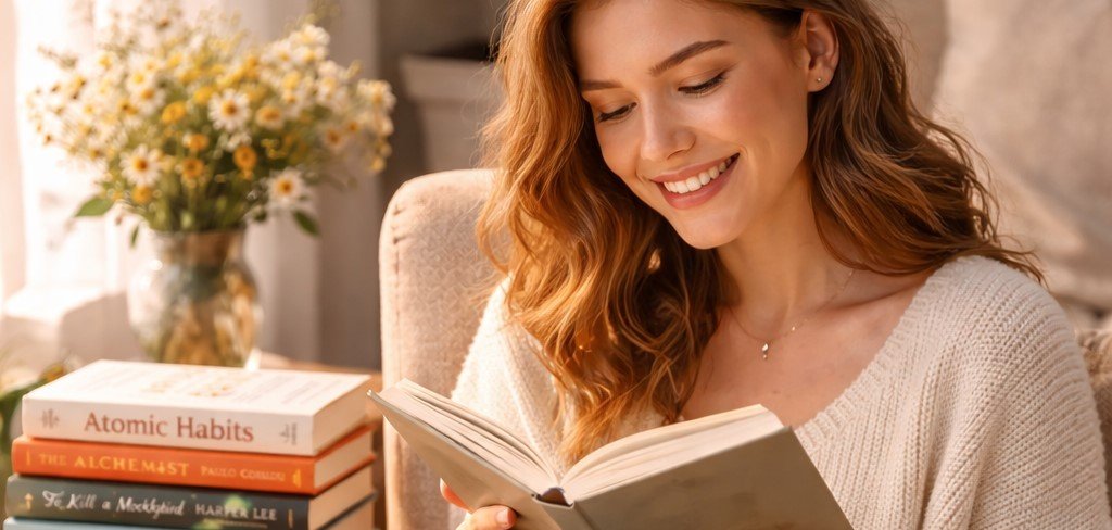 Gezeigt wird eine lesende Frau