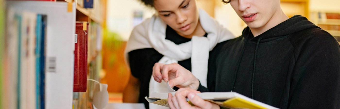 Zwei Schüler stehen vor einem Bücherregal