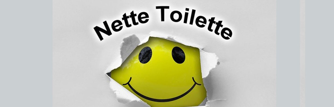 Ein Smiley schaut durch ein Stück aufgerissenes Papier, darüber steht in schwarzer Schrift Nette Toilette