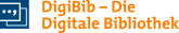 Gezeigt wird das Logo der DigiBib - links ein blaues Viereck, daneben ein den Dienst bezeichnenden Schriftzug