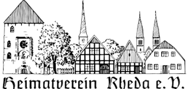 Unter der in schwarzweiß gezeigten Kulisse der Altstadt Rheda steht der Schriftzug Heimatverein Rheda e.V.