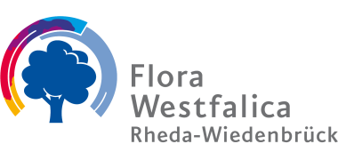 Gezeigt wird das Logo der Flora Westfalica Gezeigt wird in einem Kreisaus bunten Farben ein blauer Baum, daneben der Schriftzug Flora Westfalica, Stadt Rheda-Wiedenbrück