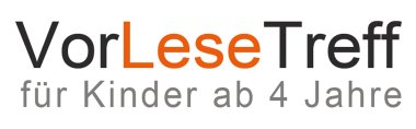 Gezeigt wird der Schriftzug Vorlesetreff in schwarz und orange, darunter in kleinerer Schrift und in grau der Schriftzug für Kinder ab 4 Jahre