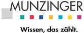 Gezeigt wird in Großbuchstaben der Schriftzug Munzinger, darunter viele kleine, bunte Quadrate, darunter der Schriftzug Wissen, das zählt